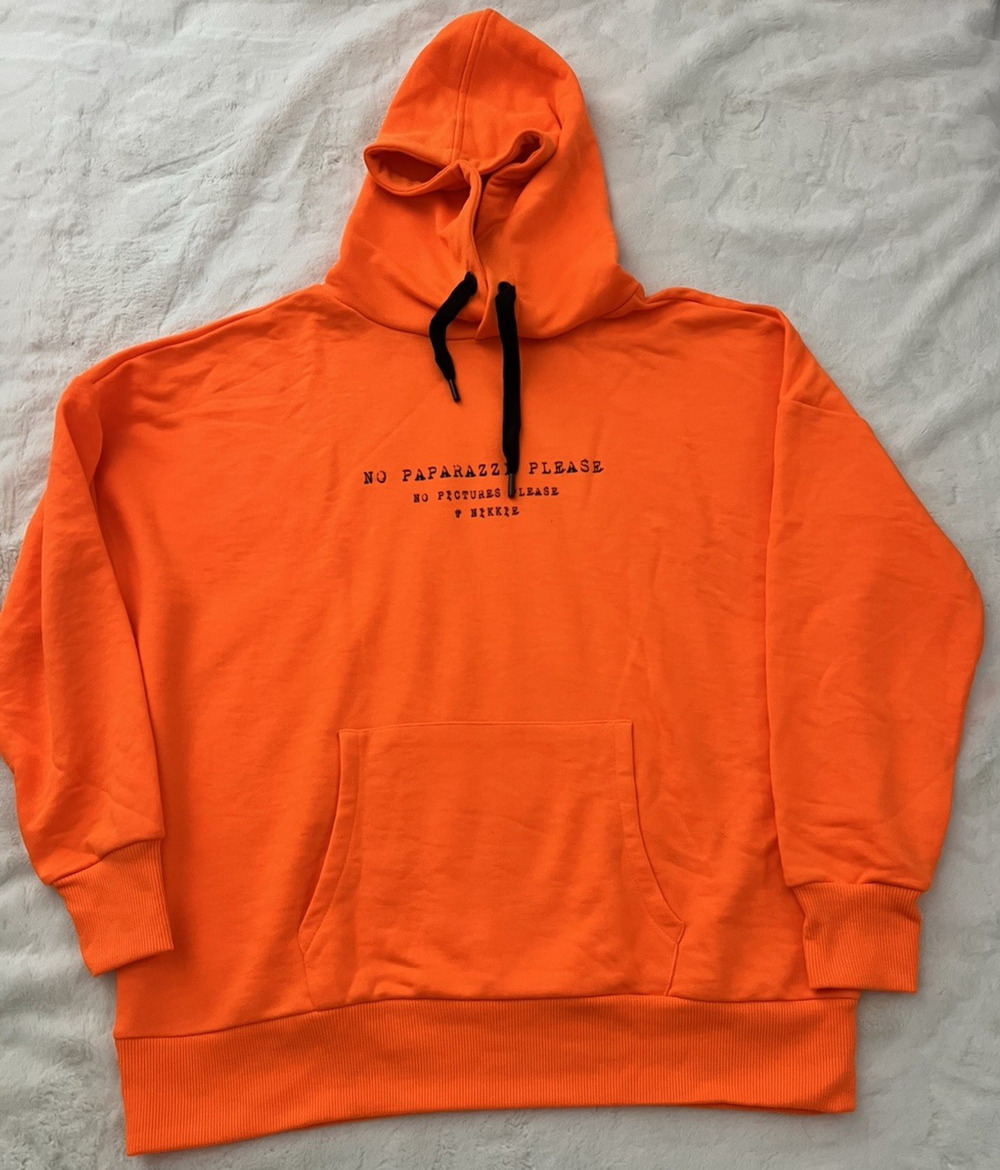 Nikkie Mens Hoodie Size 36 Neon Orange Graphic Pullover Streetwear Sweatshirt